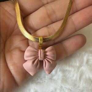 Gold Chain Necklace with Pink Bow Pendant - Women Jewelry